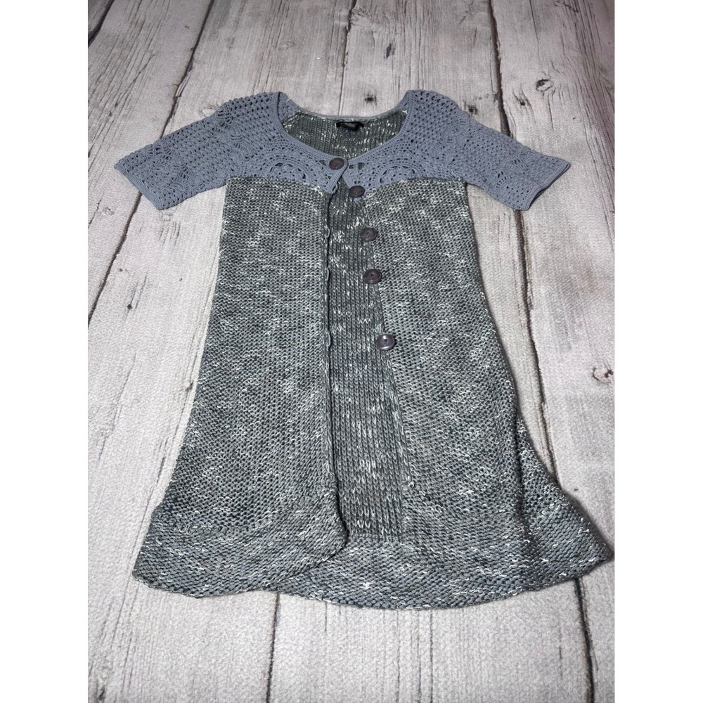 BCBGMAXAZRIA Knit Cardigan Dress Gray Crochet Sleeve Button Front Midi M